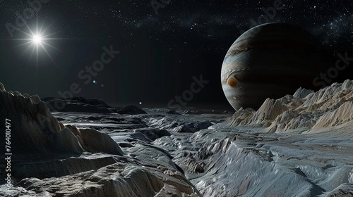 Virtual tour of Jupiters moons showcasing Ganymedes icy terrain under a starlit sky photo
