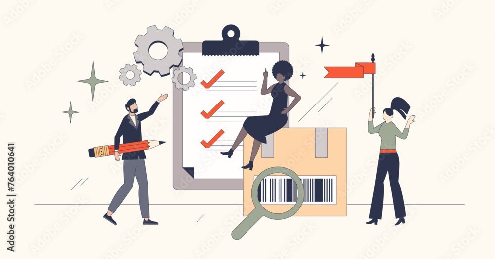 Inventory management systems for order handling efficiency neubrutalism tiny person concept. Package distribution and shipping organization with delivery information checklist vector illustration.