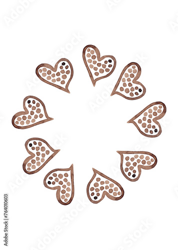 Hearts with a speckled pattern. Watercolor round frame of brown hearts