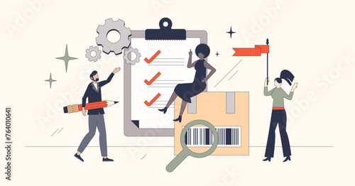 Inventory management systems for order handling efficiency neubrutalism tiny person concept. Package distribution and shipping organization with delivery information checklist vector illustration.