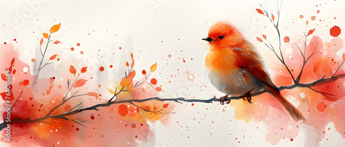 A vivid depiction of a red bird perched on a branch with autumn leaves falling around, painted in a fresh watercolor style © Janina
