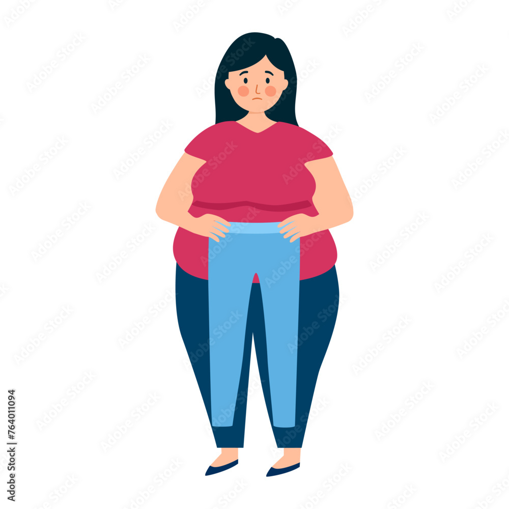 Fat women look at same pants that are small size in flat design on white background. Fat women look at same pants that are small size in flat design on white background.