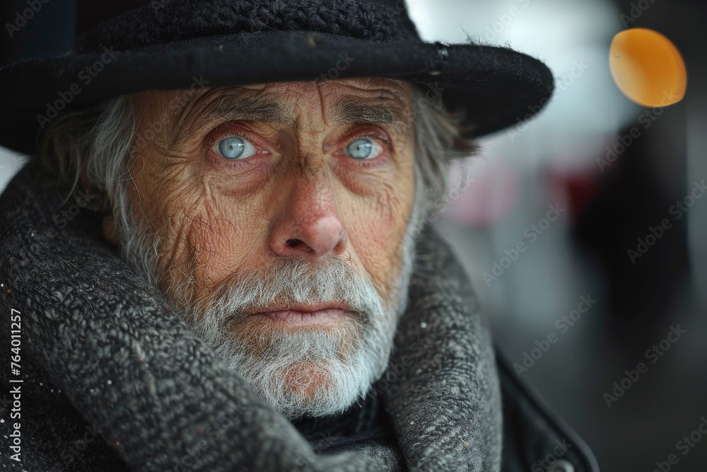 A powerful close-up portrait of an elderly man with blue eyes and a weathered face framed by a black hat A powerful close-up portrait of an elderly man with blue eyes and a weathered face framed by a black hat