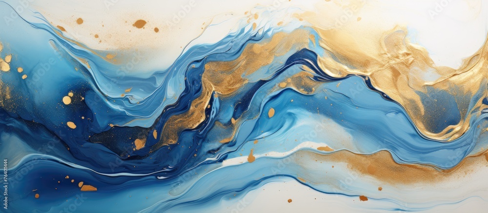 Closeup view of a waterinspired painting featuring electric blue and gold hues on a white canvas, capturing the fluidity of wind waves in a natural landscape Closeup view of a waterinspired painting featuring electric blue and gold hues on a white canvas, capturing the fluidity of wind waves in a natural landscape
