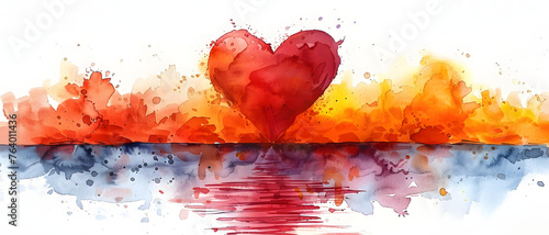 Vibrant red watercolor heart with fiery colors set against white, reflected flawlessly on a water surface