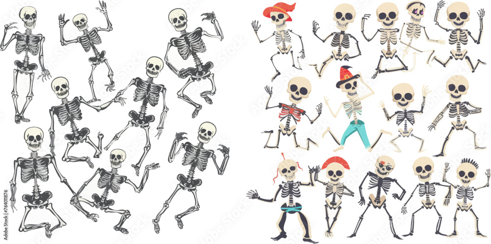 Dancing skeletons, spooky halloween party skeleton mascots isolated vector illustration set