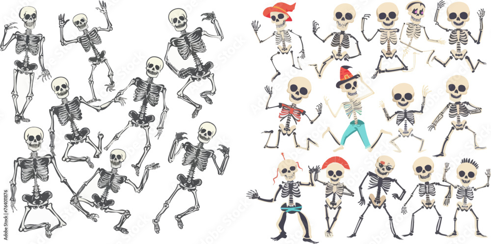 Dancing skeletons, spooky halloween party skeleton mascots isolated vector illustration set Dancing skeletons, spooky halloween party skeleton mascots isolated vector illustration set