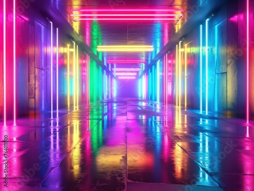 Illustrating neon lines that create a luminous, tunnel-like structure, echoing the ambiance of an LED arcade or stage. The abstract technological backdrop conveys a virtual reality feel. AI