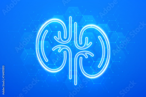 Kidney care. Kidneys icon. World kidney day. Treatment of kidneys diseases. Urology, nephrology clinic medical banner. Molecular structure. Blue medical background with hexagons. Vector illustration.