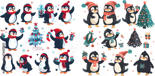 Happy penguins characters celebrate New Year, decorate xmas tree and give gifts