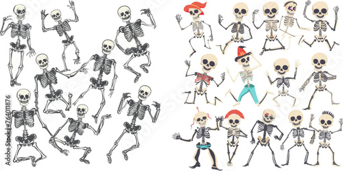 Dancing skeletons, spooky halloween party skeleton mascots isolated vector illustration set
