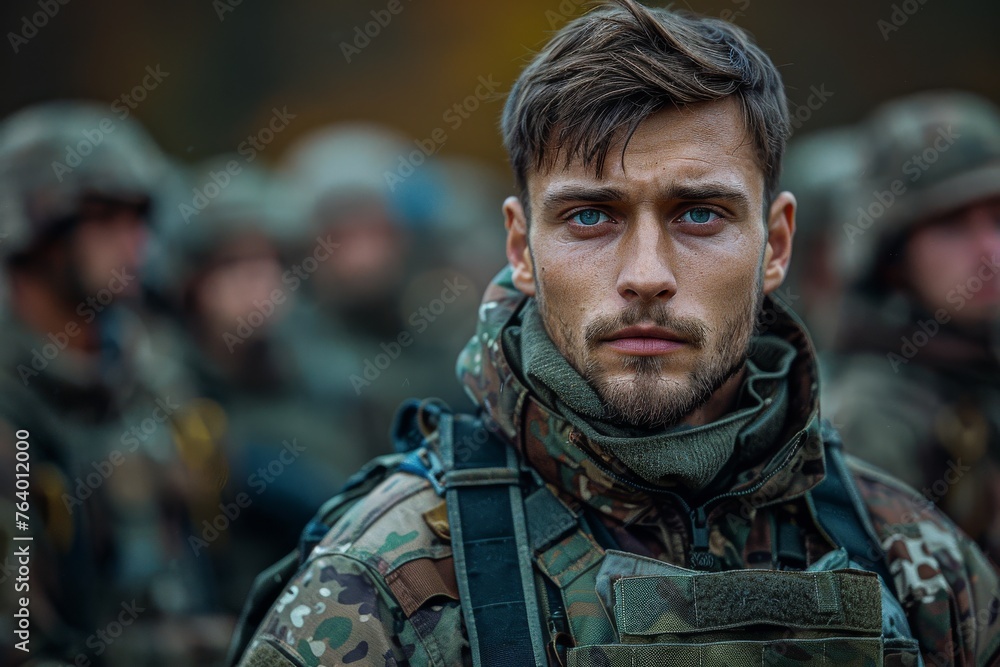 Obraz premium Soldiers clad in camouflage gear huddle together, poised and ready for their next mission, reflecting solidarity