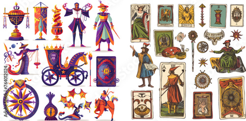 Occult deck for divination with chariot, fool, magician and wheel of fortune vector set