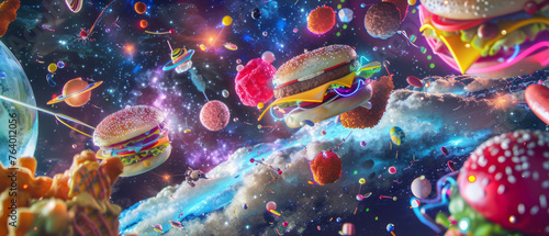 the universe with planets, stars, and galaxies, transformed into fast food styled like neon lights. photo