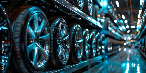 Display of High-Quality Car Parts and Shiny Alloy Wheels in Showroom. Concept Car Parts, Alloy Wheels, Showroom Display, High-Quality, Shiny Finish