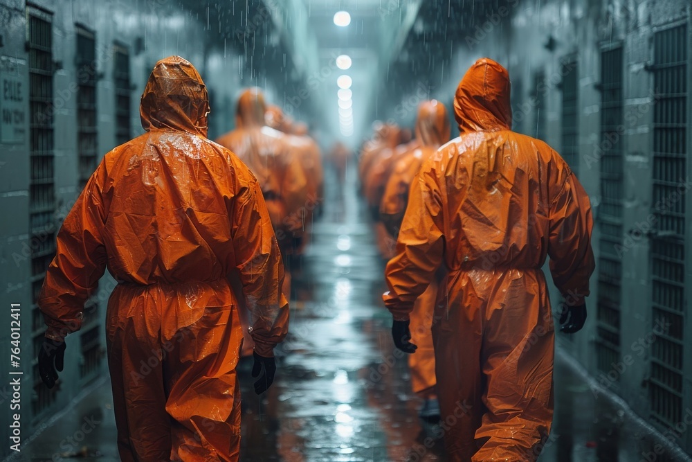 A team of hazmat personnel in bright orange suits walking down a dimly lit hall symbolizing crisis and urgency A team of hazmat personnel in bright orange suits walking down a dimly lit hall symbolizing crisis and urgency