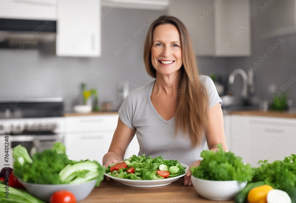 An elderly woman smiles and holds out a plate of fresh vegetables and salad against a blurred kitchen background, copy space, AI generated An elderly woman smiles and holds out a plate of fresh vegetables and salad against a blurred kitchen background, copy space, AI generated