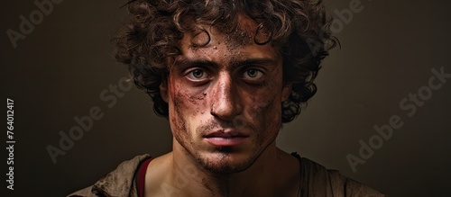 An individual with facial injuries wearing a brown shirt and blood on their face photo