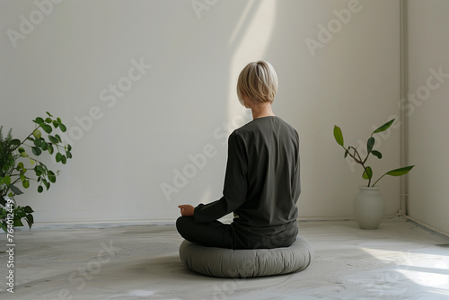 woman seating on the pillow during meditation in minimal room photo