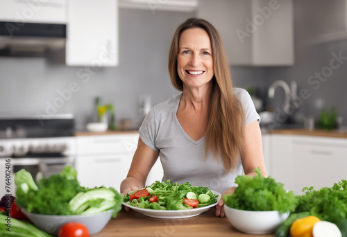 An elderly woman smiles and holds out a plate of fresh vegetables and salad against a blurred kitchen background, copy space, AI generated 