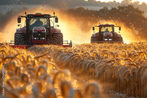 Two tractors harvesting golden wheat with dust clouds floating in the warm light of a setting sun, evoking a sense of hard work