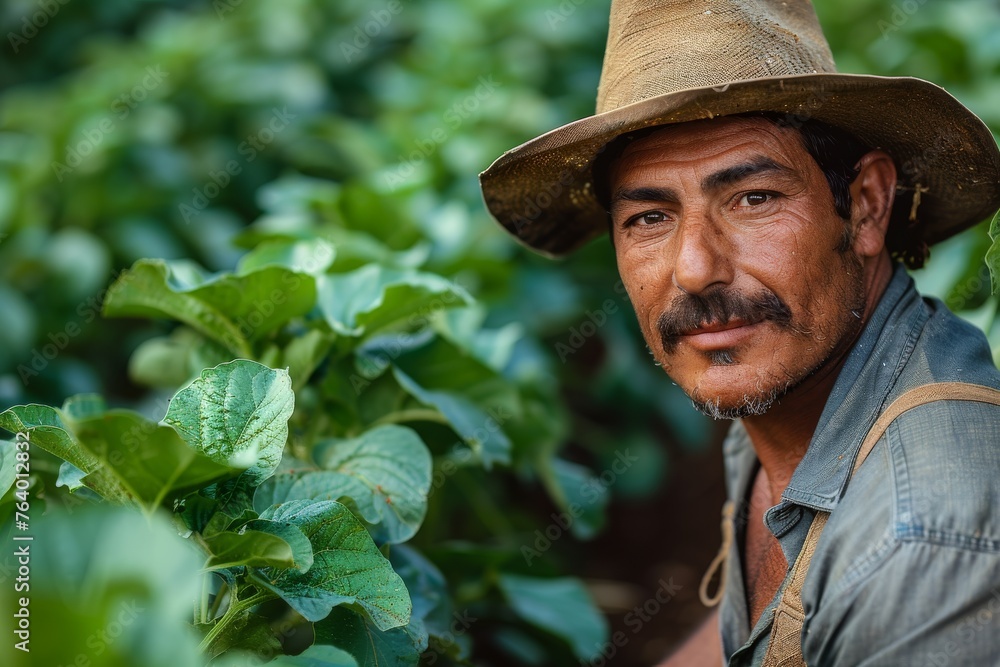 A farmer with a wide-brimmed hat stands amidst a vibrant green plant field, inspecting the crops A farmer with a wide-brimmed hat stands amidst a vibrant green plant field, inspecting the crops