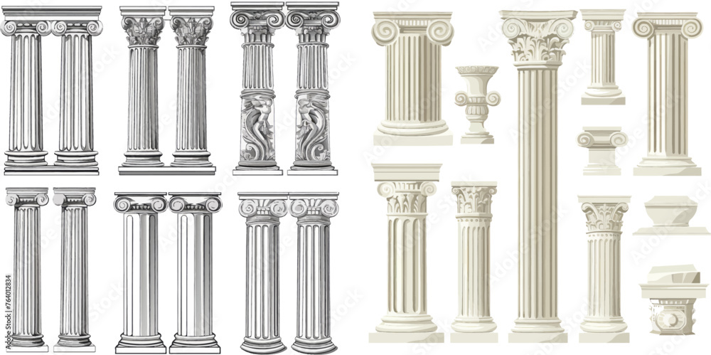 Greek and roman architecture temple facade with ancient pillars vector illustration set Greek and roman architecture temple facade with ancient pillars vector illustration set