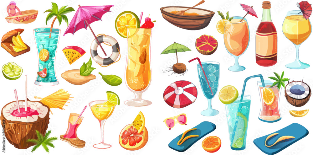  Exotic fruits, boat and beacon vector illustration set