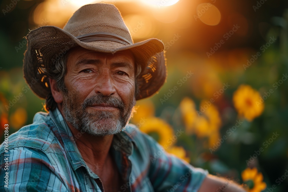 Back view of a farmer in a hat enjoying the sunset in a blooming flower field, representing a close to his day