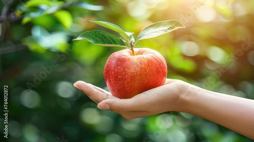 Organic apple selection hand holding fresh fruit on blurred background with copy space