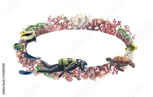 Oval frame with diver, corals, sea turtle and fish. Hand-painted watercolor painting. Aquarium, tropics, reefs. For labels, business cards and packaging, postcards and flyers, template for labels.