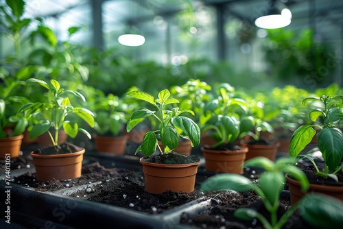 Vibrant green young plants growing in brown pots with soil, nurtured in a well-lit greenhouse environment photo