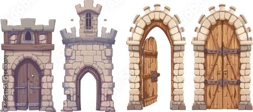 Medieval tower arch doors. Stone arch with metal hinges for entry