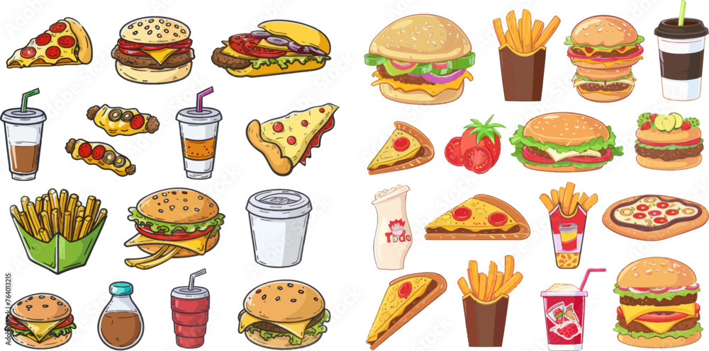 Pizza and burrito hamburger, soda fastfood illustration Pizza and burrito hamburger, soda fastfood illustration