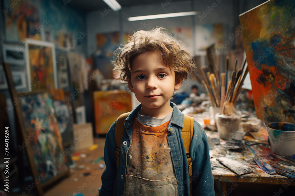 Little beautiful child draws on an easel in an art studio drawing school creativity generative AI