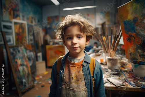 Little beautiful child draws on an easel in an art studio drawing school creativity generative AI © Tetiana