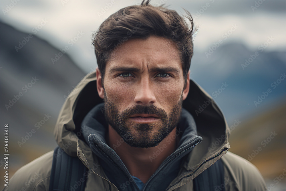 Generative AI picture of nice man traveler in autumn landscape with backpack hiking in mountains Generative AI picture of nice man traveler in autumn landscape with backpack hiking in mountains