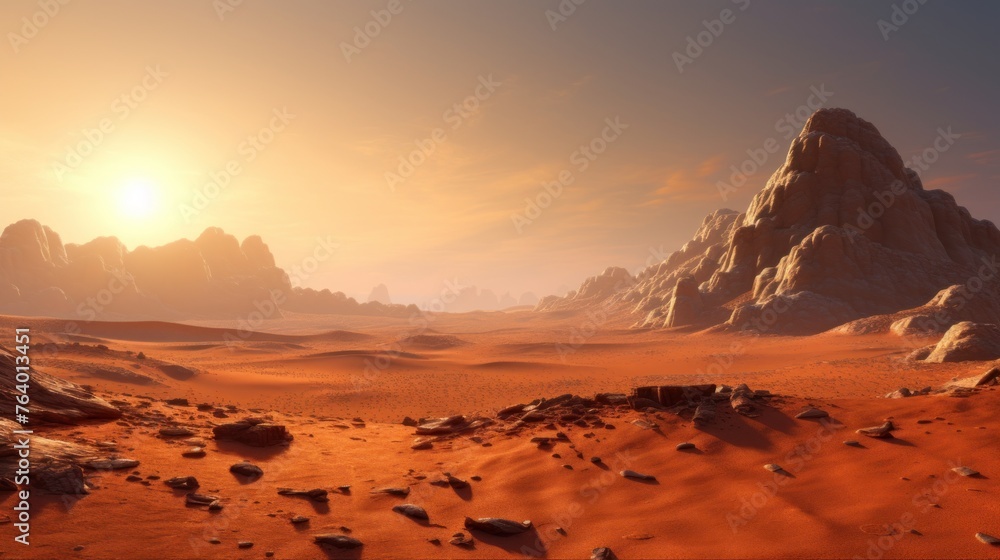 Desert landscape with mountains, on an alien planet
