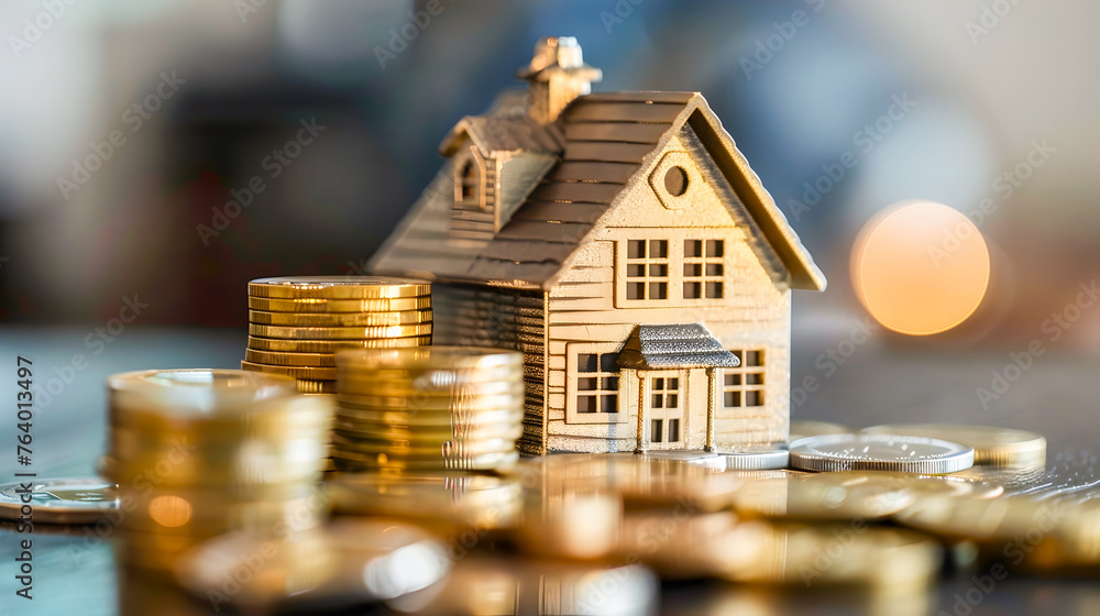 Miniature House on Top of Coins in Light Gold and Gray Style Miniature House on Top of Coins in Light Gold and Gray Style