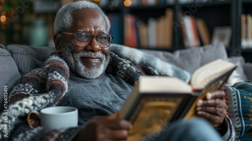Contemporary African American retired man sitting in armchair and reading curious book at leisure while staying at home