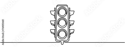 Continuous one line drawing of traffic lights with poles to regulate vehicle travel at road intersections. There are red, yellow, green lights. Single line draw design vector graphic illustration.