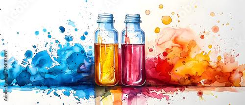 Two glass vials containing orange and blue liquids vigorously exploding into colorful splashes on a pristine white background
