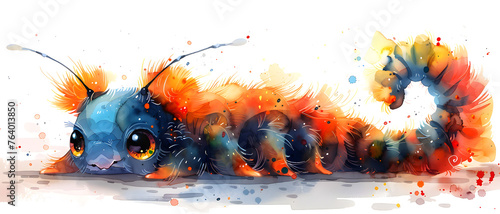 An imaginative painting of a vibrant, multicolored caterpillar with a fantastical design, rendered in an expressive watercolor style