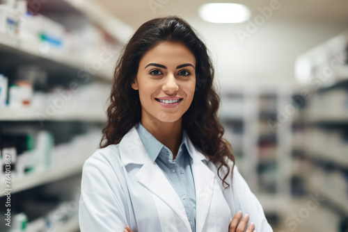 Smiling cheerful confident pharmacist in drugstore store shop Generative AI