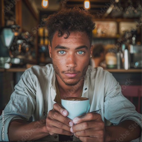 a photo of a 40 year old brown man with light blue eyes. the context is that of a bar in which the boy is sipping a coffee