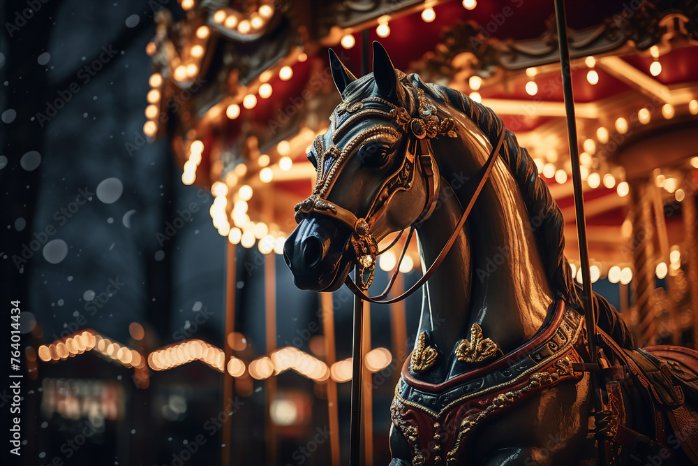 Carousel horse at the amusement park in the night made with generative AI Carousel horse at the amusement park in the night made with generative AI