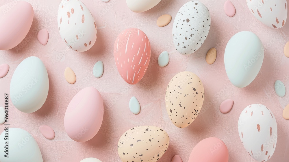 Pastel Easter eggs with artistic designs on a textured pink backdrop. Speckled and patterned Easter egg collection in soft hues for spring celebration. Pastel Easter eggs with artistic designs on a textured pink backdrop. Speckled and patterned Easter egg collection in soft hues for spring celebration.