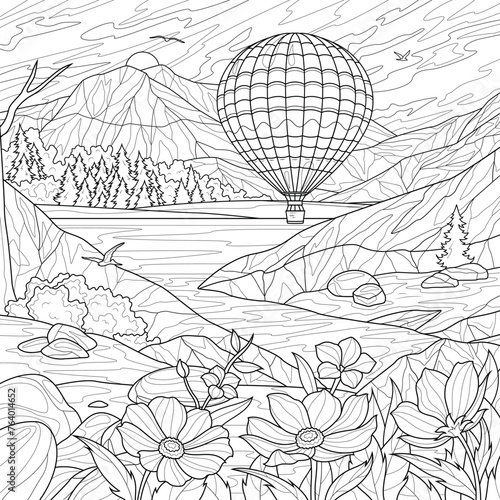 A hot air balloon over the lake. Landscape with flowers.Coloring book antistress for children and adults. Illustration isolated on white background. Hand draw