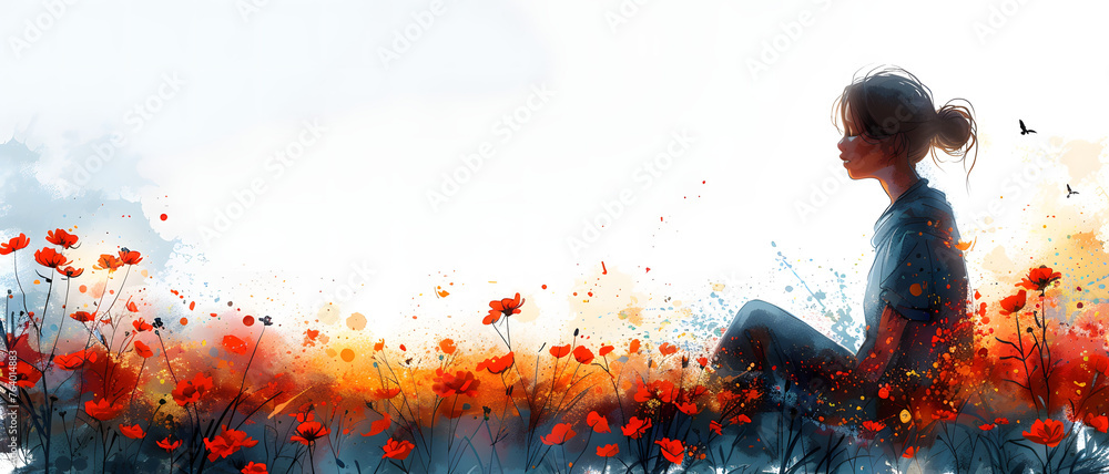 A tranquil digital painting showing a woman sitting peacefully in a vibrant field of red poppies with a watercolor style - obrazy, fototapety, plakaty 