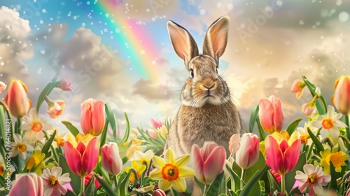 Springtime fantasy with rabbit among vibrant tulips and daffodils. Colorful floral field with a bunny under a sunny sky with a rainbow.
